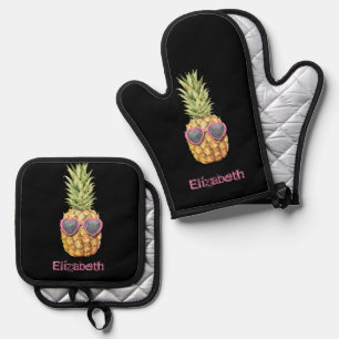 Cool Tropical Pineapple, Black Car Floor Mat Oven Mitt & Pot Holder Set