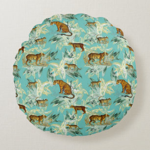 Cool Tropical Safari Wild Cats Teal Blue Round Cushion