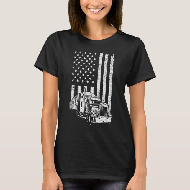 Cool Trucker For Men Dad Semi Truck Driver US Flag T-Shirt (Front)
