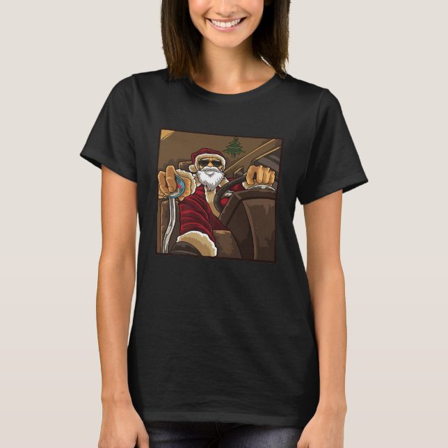 Cool Trucker Santa Driving His Truck with Sunglass T-Shirt (Front)
