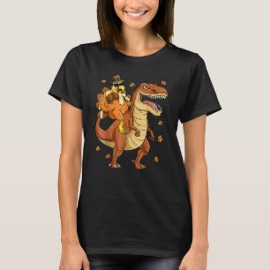 Cool Turkey Riding A rex Dinosaur Yellow Leaf Than T-Shirt