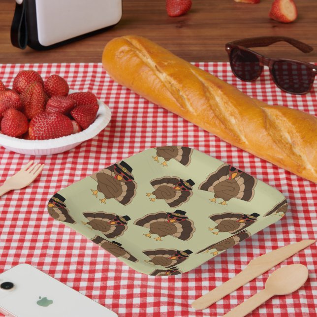 Cool Turkey Thanksgiving fun brown green pattern Paper Plate (Picnic)