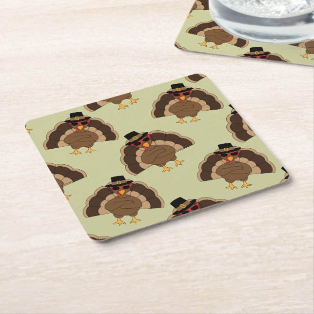 Cool Turkey Thanksgiving fun brown green pattern Square Paper Coaster (Angled)