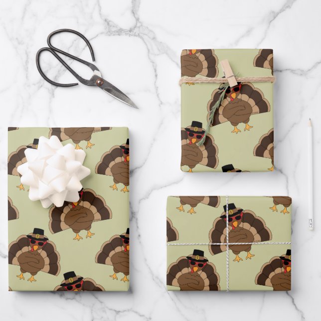 Cool Turkey Thanksgiving fun brown green pattern Wrapping Paper Sheet (Front)