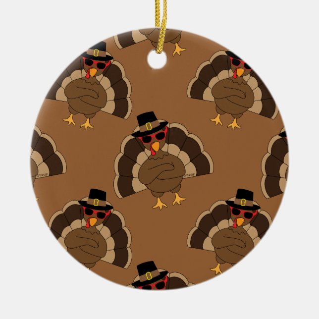 Cool Turkey Thanksgiving fun brown pattern Ceramic Tree Decoration (Front)