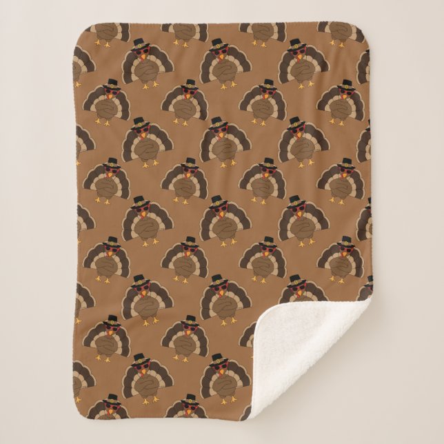 Cool Turkey Thanksgiving fun brown pattern Sherpa Blanket (Front)
