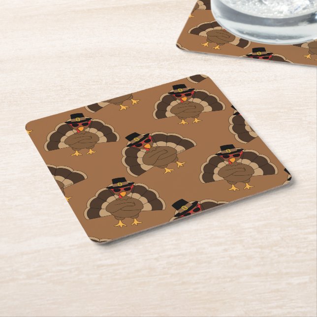 Cool Turkey Thanksgiving fun brown pattern Square Paper Coaster (Angled)