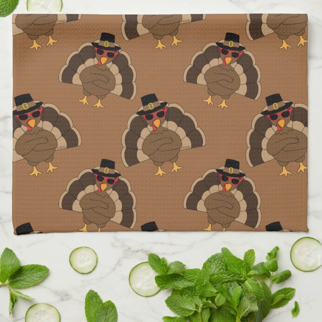 Cool Turkey Thanksgiving fun brown pattern Tea Towel (Folded)