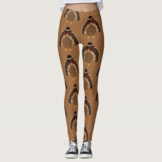 Cool Turkey Thanksgiving pattern on brown  Leggings (Front)