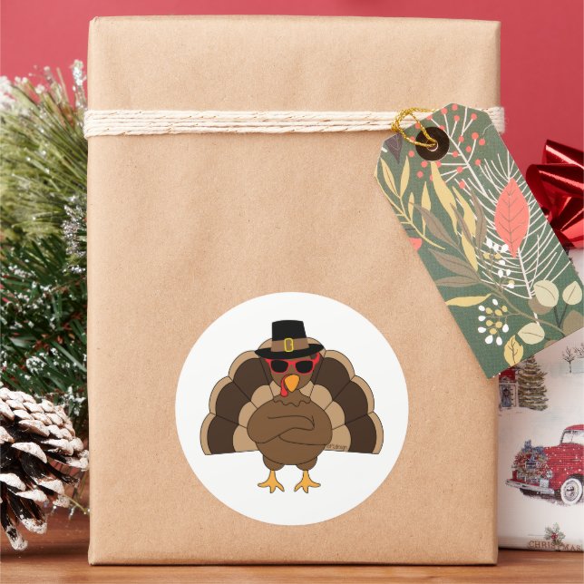 Cool Turkey with sunglasses Thanksgiving brown Classic Round Sticker (Holiday)