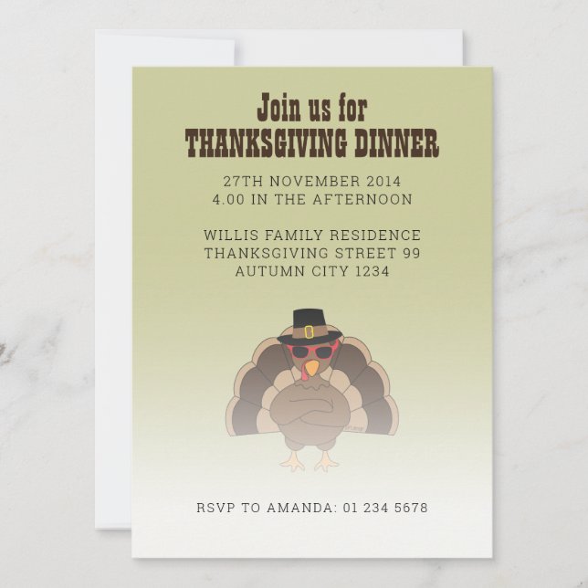 Cool Turkey with sunglasses Thanksgiving dinner Invitation (Front)