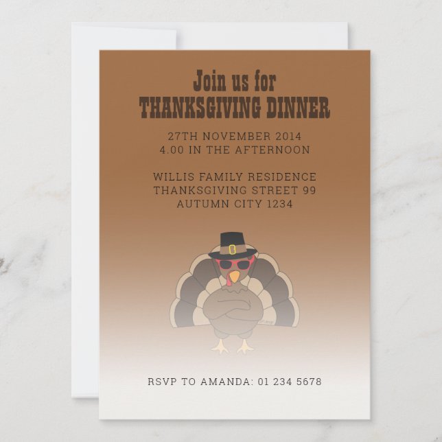 Cool Turkey with sunglasses Thanksgiving dinner Invitation (Front)