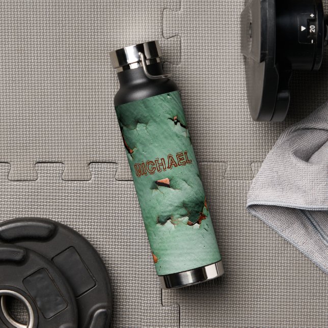 Cool turquoise brown rusty metal Your name Water Bottle (Gym)