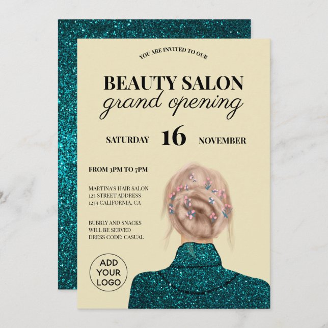 Cool turquoise glitter beauty salon grand opening invitation (Front/Back)