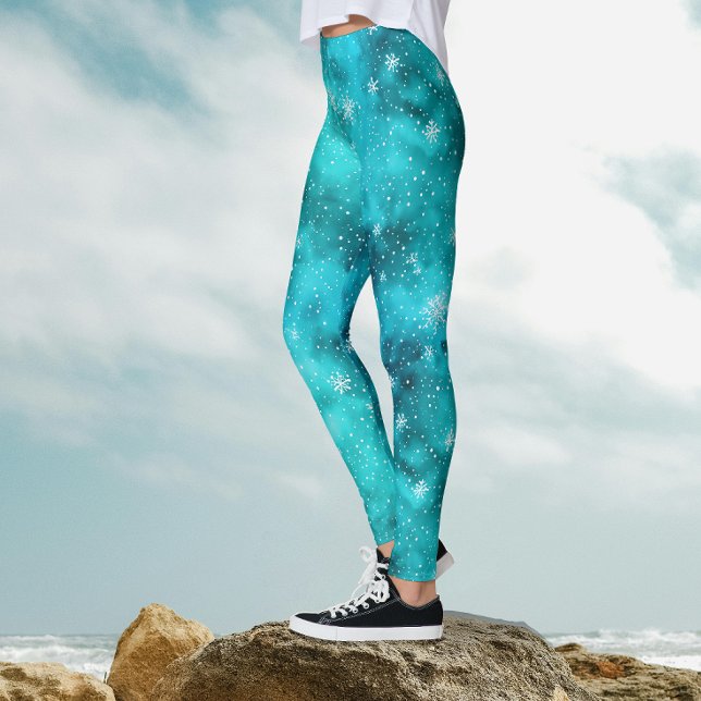Cool Turquoise Winter Snow Pattern Watercolor Leggings (Creator Uploaded)