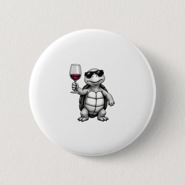 cool turtle drinking red wine art print_1 (1) 6 cm round badge (Front)