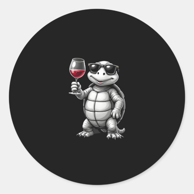 cool turtle drinking red wine art print_1 (1) classic round sticker (Front)