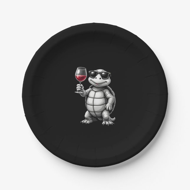 cool turtle drinking red wine art print_1 (1) paper plate (Front)