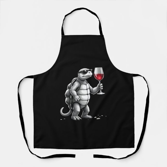 cool turtle drinking red wine art print_1 (2) apron (Front)