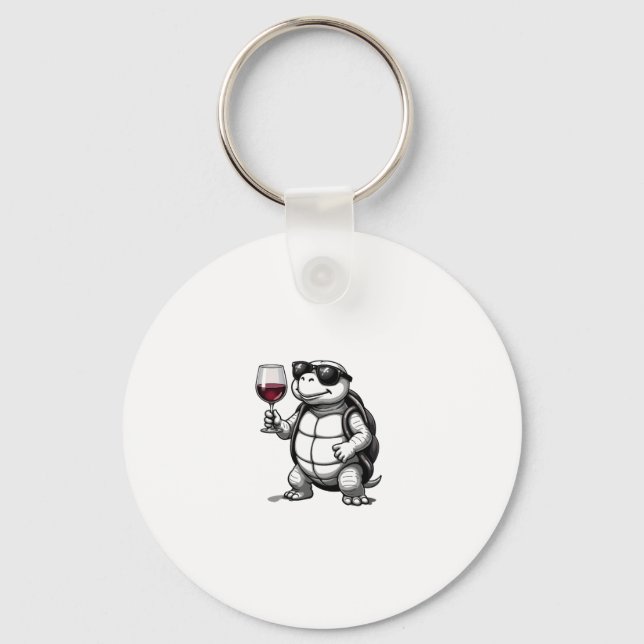 cool turtle drinking red wine art print_1 (2) key ring (Front)
