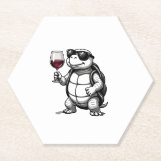 cool turtle drinking red wine art print_1 (2) paper coaster
