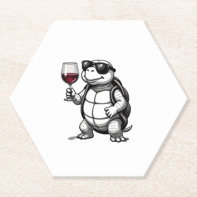 cool turtle drinking red wine art print_1 (2) paper coaster (Front)