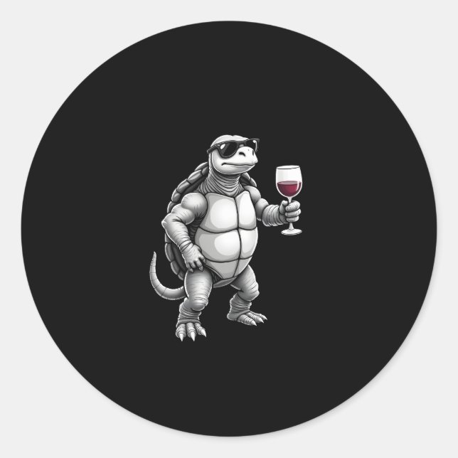 cool turtle drinking red wine art print_1 (3) classic round sticker (Front)