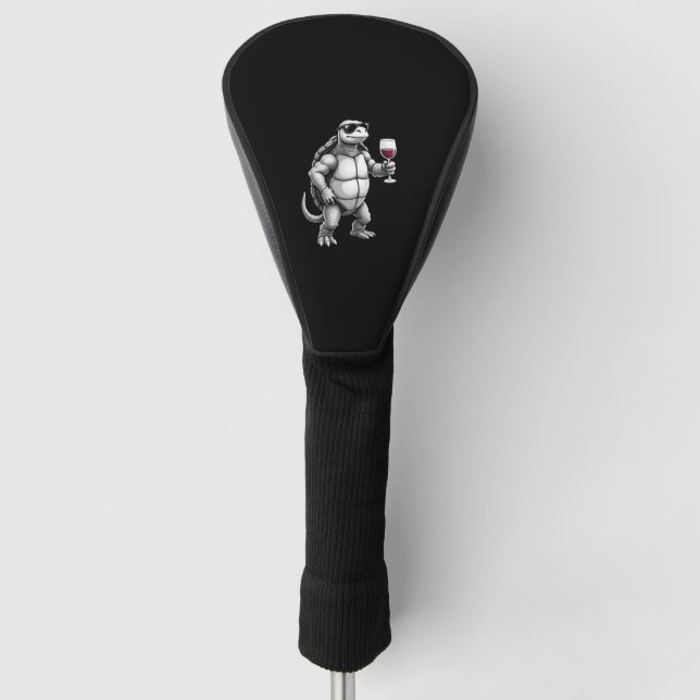 cool turtle drinking red wine art print_1 (3) golf head cover (Front)