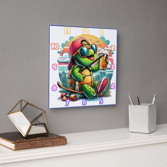 Cool turtle relaxing with a drink on the boardwalk square wall clock (Office)