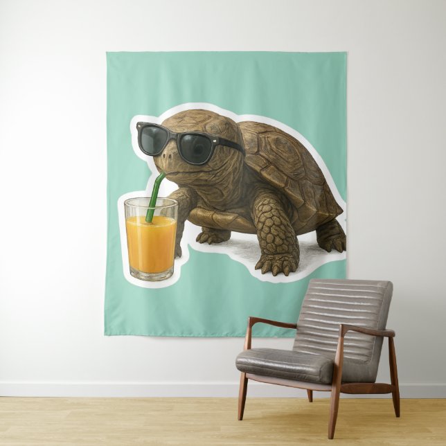 Cool Turtle Sipping Juice Sticker Tapestry (In Situ)