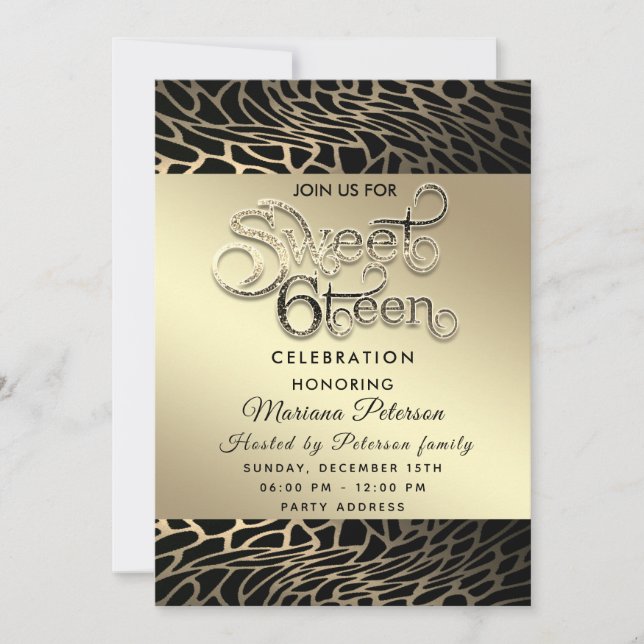 Cool typography gold black  leopard sweet 16 invitation (Front)