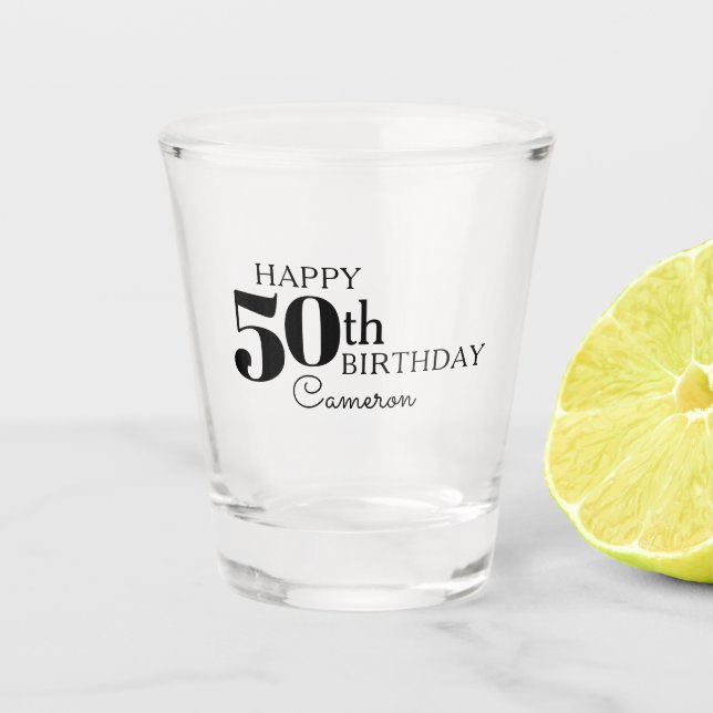 Cool Typography Happy 50th Birthday with Name Shot Glass (Front)