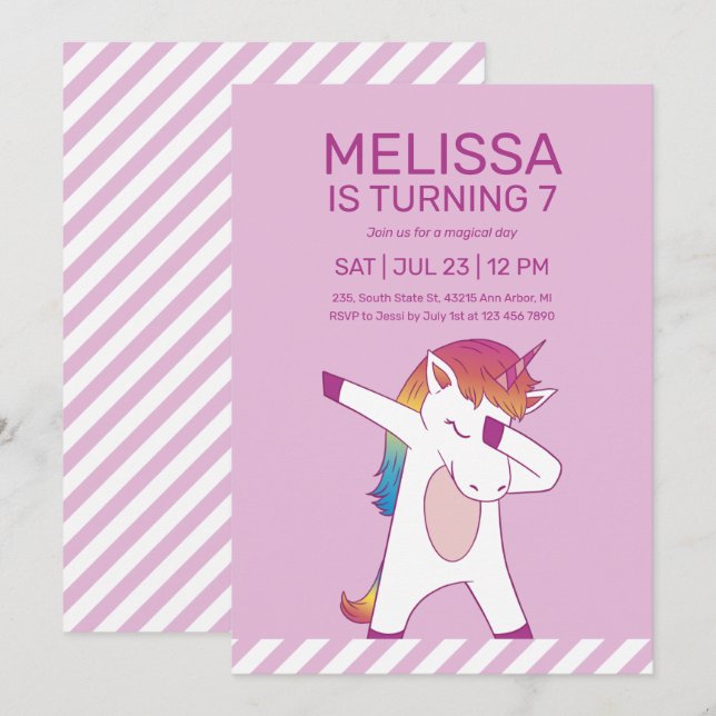 Cool Unicorn Dabbing Pink Purple Kids Birthday Invitation (Front/Back)