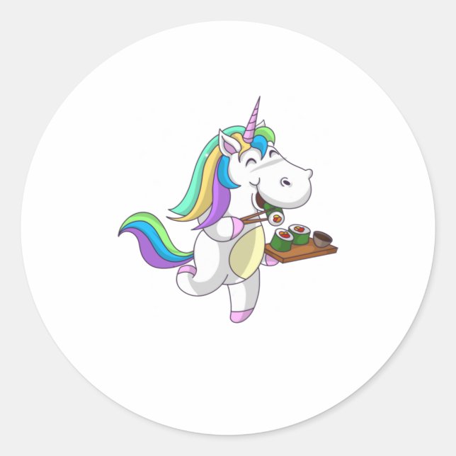 Cool Unicorn Eating Sushi  Funny Japanese Food Classic Round Sticker (Front)