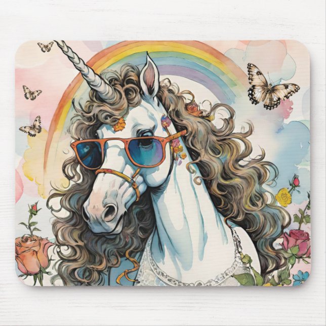 Cool Unicorn in Sunglasses with Rainbow Mouse Mat (Front)