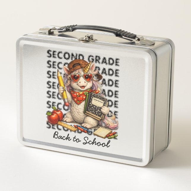 Cool Unicorn Second Grade Back to School Graphic Metal Lunch Box (Front)