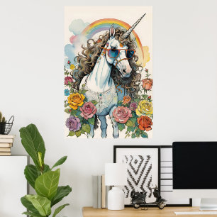 Cool Unicorn Vibes: Sunglasses, Rainbows, & Roses Poster