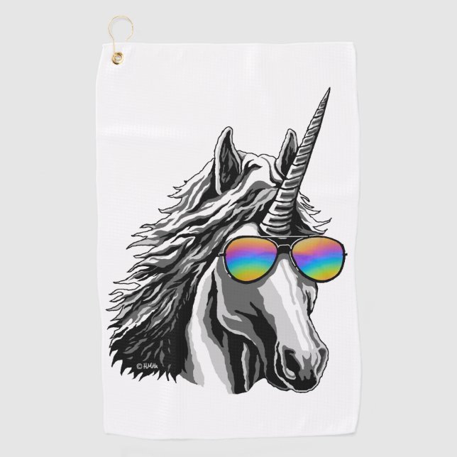 Cool unicorn with rainbow sunglasses golf towel (Front)