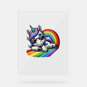 Cool Unicorn with Sunglasses on Rainbow Long Sleev Acrylic Sign