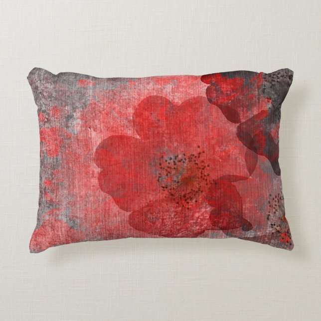cool, unique red grey asian style flower art decorative cushion (Front)