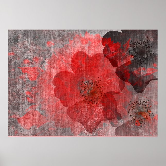 Cool, unique red grey asian style flower art poster (Front)