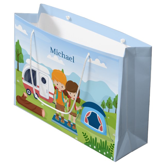 cool unisex kids camping party add name large gift bag (Front Angled)