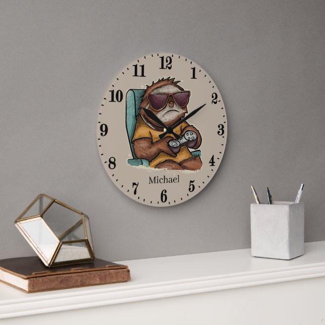 Cool unisex sloth gaming add name large clock (Office)