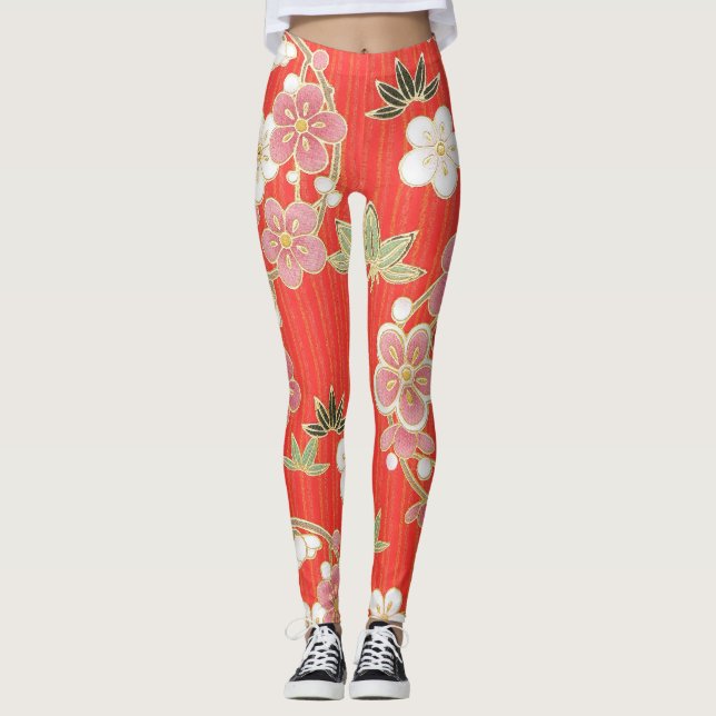 Cool various colour flower on orange background   leggings (Front)