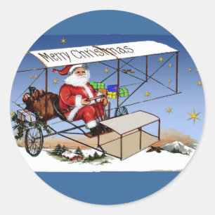 Cool Vintage Biplane Santa Claus Classic Round Sticker