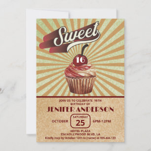Cool vintage cupcake typography sweet 16 invitation