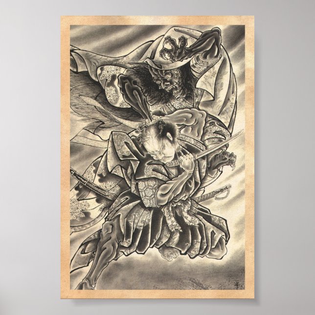 Cool vintage japanese demon samurai fight tattoo poster (Front)