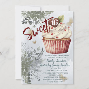 Cool vintage  watercolor greenery cupcake  invitation
