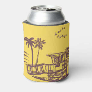 Cool Vintage Yellow Tropical Beach Sketch Can Cooler