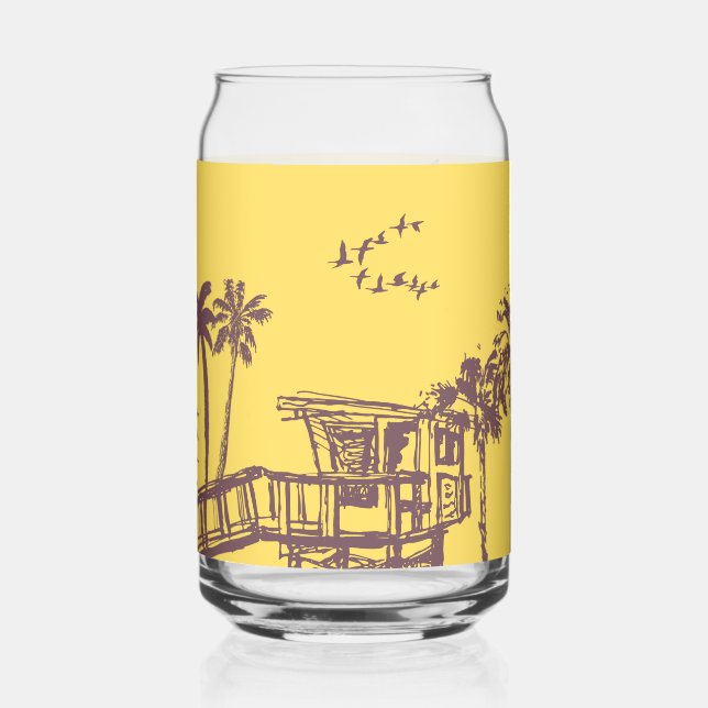 Cool Vintage Yellow Tropical Beach Sketch Can Glass (Left)